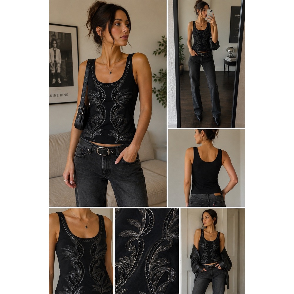 Express Black Silver Metallic Embroidered Sequin Mesh Tank Top Large 990105